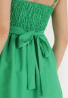 Zielona Gładka Sukienka Odcięta w Talii z Kopertowym Dekoltem Markia