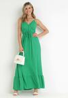 Zielona Gładka Sukienka Maxi z Marszczoną Elastyczną Talią Tenawa
