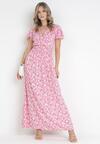 Różowa Wiskozowa Sukienka Z Kopertowym Dekoltem i Gumkami w Pasie Seldel