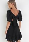 Czarna Sukienka Mini z Wiązaniem na Plecach i Falbanką Morenitta