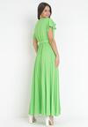 Zielona Elegancka Sukienka Maxi w Plisy z Kopertowym Dekoltem i Wiązaniem Thessi