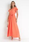Pomarańczowa Elegancka Sukienka Maxi w Plisy z Kopertowym Dekoltem i Wiązaniem Thessi