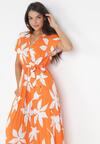 Pomarańczowa Plisowana Sukienka Maxi z Gumką w Pasie z Wiskozy w Kwiaty Rossemari