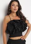 Czarny Krótki Top na Ramiączkach z Ozdobnymi Falbanami Angeta