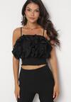 Czarny Krótki Top na Ramiączkach z Ozdobnymi Falbanami Angeta