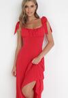 Czerwona Rozkloszowana Sukienka Maxi z Wiązanymi Ramiączkami Lisija