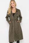 Zielony Płaszcz Zapinany na Guziki z Materiałowym Paskiem i Kieszeniami Karmell