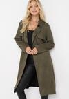 Zielony Płaszcz Zapinany na Guziki z Materiałowym Paskiem i Kieszeniami Karmell