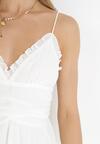 Biała Mini Sukienka na Wiązanych Ramiączkach Ozdobiona Falbankami Angan