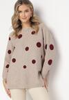 Beżowy Sweter w Kropki z Długim Rękawem i Okrągłym Dekoltem Rhette