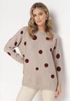 Beżowy Sweter w Kropki z Długim Rękawem i Okrągłym Dekoltem Rhette