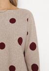 Beżowy Sweter w Kropki z Długim Rękawem i Okrągłym Dekoltem Rhette