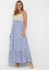 Niebieska Rozkloszowana Sukienka Maxi z Wiskozy w Kwiatowy Print i z Szydełkowym Wzorem Adviana
