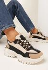 Beżowo-Czarne Sneakersy na Grubej Płaskiej Podeszwie z Cholewką przed Kostkę i Metaliczną Wstawką Umaia