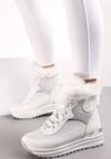 Białe Botki na Grubej Platformie ze Żłobieniami i Metaliczną Wstawką oraz Sztucznym Futerkiem Bonfia