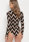 Beżowo-Czarne Body z Długim Rękawem w Geometryczny Print Lowero