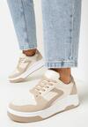 Beżowe Sznurowane Sneakersy na Grubej Podeszwie z Ozdobnymi Przeszyciami Alseana