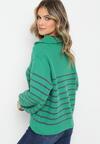Zielony Golf Sweter w Paski Zapinany na Suwak przy Dekolcie z Długim Rękawem Keos