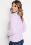 Fioletowy Puchaty Sweter z Długim Rękawem i Okrągłym Dekoltem Elinmes