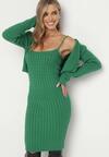 Zielony Dzianinowy Komplet z Sukienką i Rozpinanym Swetrem Rysmena