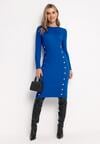 Niebieska Sukienka Midi Dopasowana z Prążkowanej Dzianiny Ozdobiona Guzikami Leadiss