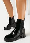Czarne Lakierowane Botki na Niewysokim Słupku z Cholewką za Kostkę Semikas