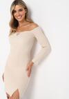Beżowa Prążkowana Sukienka Mini o Dopasowanym Fasonie ze Sweterkowej Dzianiny i z Ozdobnym Wiązaniem Timhona