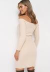 Beżowa Prążkowana Sukienka Mini o Dopasowanym Fasonie ze Sweterkowej Dzianiny i z Ozdobnym Wiązaniem Timhona