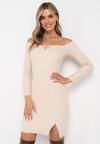 Beżowa Prążkowana Sukienka Mini o Dopasowanym Fasonie ze Sweterkowej Dzianiny i z Ozdobnym Wiązaniem Timhona