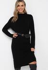 Czarna Sweterkowa Sukienka Midi z Długim Rękawem i Paskiem z Klamrą Worella