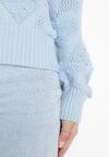 Jasnoniebieski Sweter w Serca o Klasycznym Fasonie ze Ściągaczami Biriet
