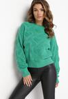 Zielony Sweter w Serca o Klasycznym Fasonie ze Ściągaczami Biriet
