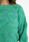 Zielony Sweter w Serca o Klasycznym Fasonie ze Ściągaczami Biriet