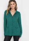 Ciemnozielony Kardigan na Guziki z Ozdobnym Splotem Pirova