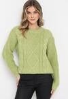 Zielony Jednolity Sweter ze Ściągaczami i Klasycznym Splotem Loma