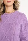 Fioletowy Jednolity Sweter ze Ściągaczami i Klasycznym Splotem Loma