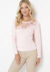 Różowa Bluzka z Koronkowym Dekoltem z Elastycznej Bawełny Roshana