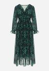 Zielono-Czarna Maxi Sukienka z Kopertowym Dekoltem w Modny Print Ceconna
