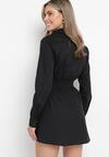 Czarna Bawełniana Mini Sukienka z Gumką w Talii o Rozkloszowanym Fasonie z Kołnierzykiem Nevisse