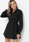 Czarna Bawełniana Mini Sukienka z Gumką w Talii o Rozkloszowanym Fasonie z Kołnierzykiem Nevisse