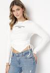 Biała Wiskozowa Bluzka z Asymetrycznym Dołem i Ozdobnym Napisem oraz Troczkiem Taatore