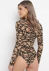 Beżowe Body z Geometrycznym Wzorem Welurowym i Długim Rękawem Bracana