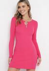 Fuksjowa Dopasowana Mini Sukienka z Prążkowanej Dzianiny z Metalową Ozdobą w Kształcie Serca Xustin