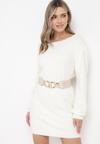 Jasnobeżowa Dzianinowa Tunika Sukienka Mini z Kaszmirem i Ozdobnym Wycięciem Cenamia