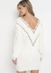 Jasnobeżowa Dzianinowa Tunika Sukienka Mini z Kaszmirem i Ozdobnym Wycięciem Cenamia