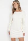 Jasnobeżowa Dzianinowa Tunika Sukienka Mini z Kaszmirem i Ozdobnym Wycięciem Cenamia