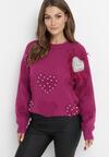 Fioletowy Sweter z Naszywkami w Perły i Cyrkonie Aljia