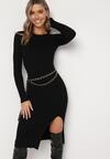 Czarna Dopasowana Sukienka Sweterkowa z Rozcięciem Aminna