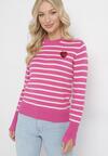 Różowy Sweter o Klasycznym Kroju w Paski z Serduszkiem Cekinowym Liunda