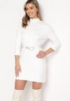Biała Mini Sukienka z Półgolfem i Rękawem 7/8 z Paskiem i Cyrkoniami Sevanna